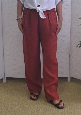 Pantaloni din In - Pantaloni de vara, drepti, din in, cu siret in talie, caramizii