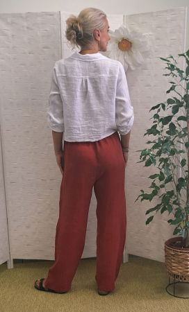 Pantaloni de vara, drepti, din in, cu siret in talie, caramizii [5]