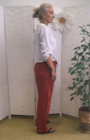 Pantaloni de vara, drepti, din in, cu siret in talie, caramizii [3]