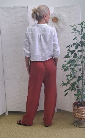 Pantaloni de vara, drepti, din in, cu siret in talie, caramizii [6]