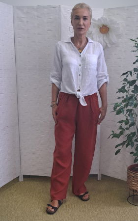 Pantaloni de vara, drepti, din in, cu siret in talie, caramizii [2]