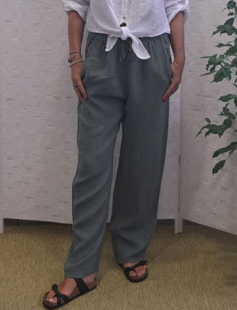 Pantaloni din In - Pantaloni de vara, drepti, din in, cu siret in talie, kaki