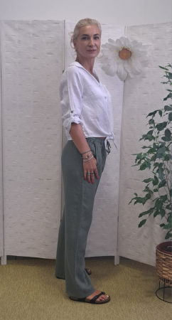 Pantaloni de vara, drepti, din in, cu siret in talie, kaki [4]