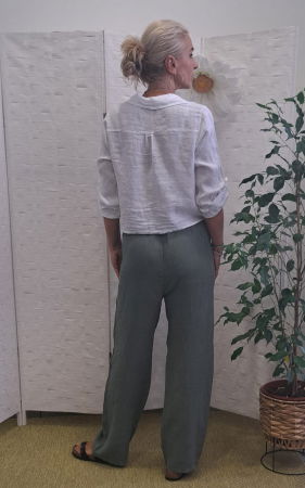 Pantaloni de vara, drepti, din in, cu siret in talie, kaki [3]