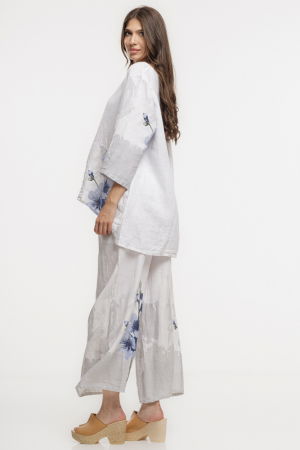 Pantaloni de vara largi din in alb cu imprimeu floral artistic [5]