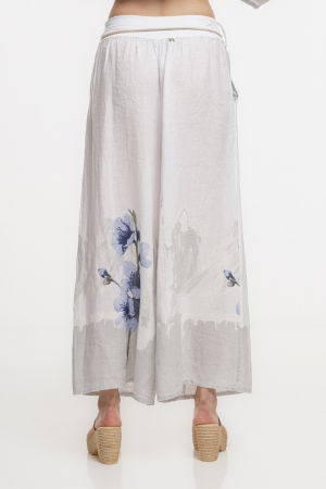 Pantaloni de vara largi din in alb cu imprimeu floral artistic [1]