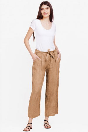 Pantaloni din in, cu cordon in talie, camel [3]