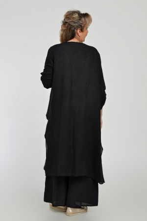 Pantaloni drepi, largi, de vara, din in, cu accesoriu de lemn, negri [12]