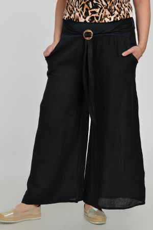 Îmbrăcăminte - Pantaloni drepi, largi, de vara, din in, cu accesoriu de lemn, negri