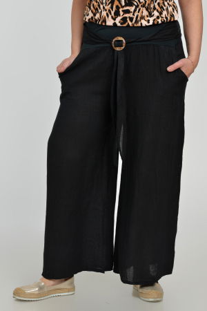 Pantaloni drepi, largi, de vara, din in, cu accesoriu de lemn, negri [1]