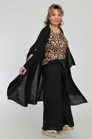 Pantaloni drepi, largi, de vara, din in, cu accesoriu de lemn, negri [11]