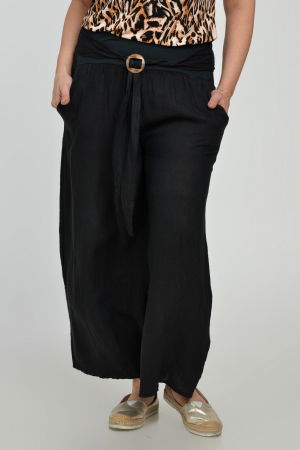 Pantaloni drepi, largi, de vara, din in, cu accesoriu de lemn, negri [3]