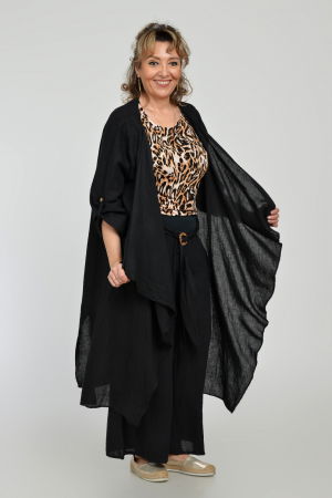 Pantaloni drepi, largi, de vara, din in, cu accesoriu de lemn, negri [10]