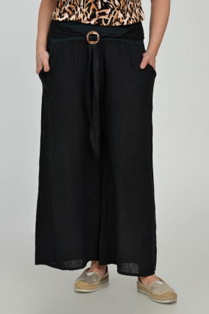 Pantaloni drepi, largi, de vara, din in, cu accesoriu de lemn, negri [2]