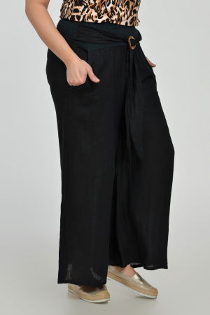 Pantaloni drepi, largi, de vara, din in, cu accesoriu de lemn, negri [6]
