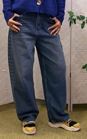 Pantaloni casual - Blugi wide leg albastri cu capse laterale decorative