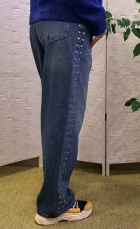 Blugi wide leg albastri cu capse laterale decorative [2]