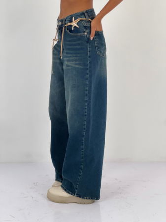Pantaloni jeans denim croiala larga, albastru [3]