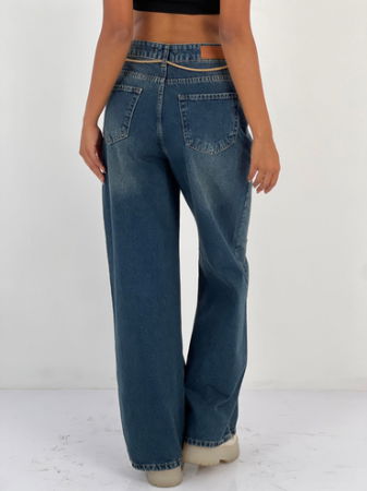 Pantaloni jeans denim croiala larga, albastru [6]