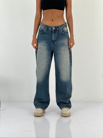 Pantaloni jeans denim croiala larga, albastru prespalat [4]