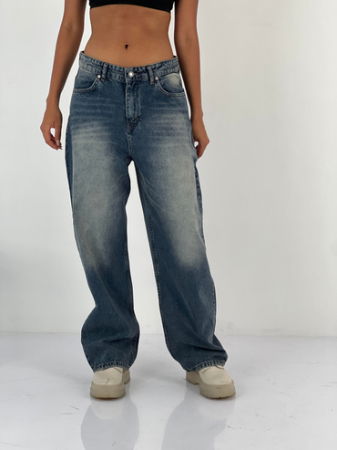 Pantaloni casual - Pantaloni jeans denim croiala larga, albastru prespalat