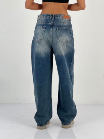 Pantaloni jeans denim croiala larga, albastru prespalat [2]