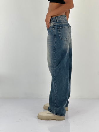 Pantaloni jeans denim croiala larga, albastru prespalat [1]