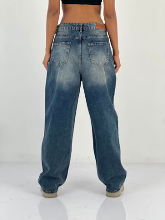 Pantaloni jeans denim croiala larga, albastru prespalat [3]