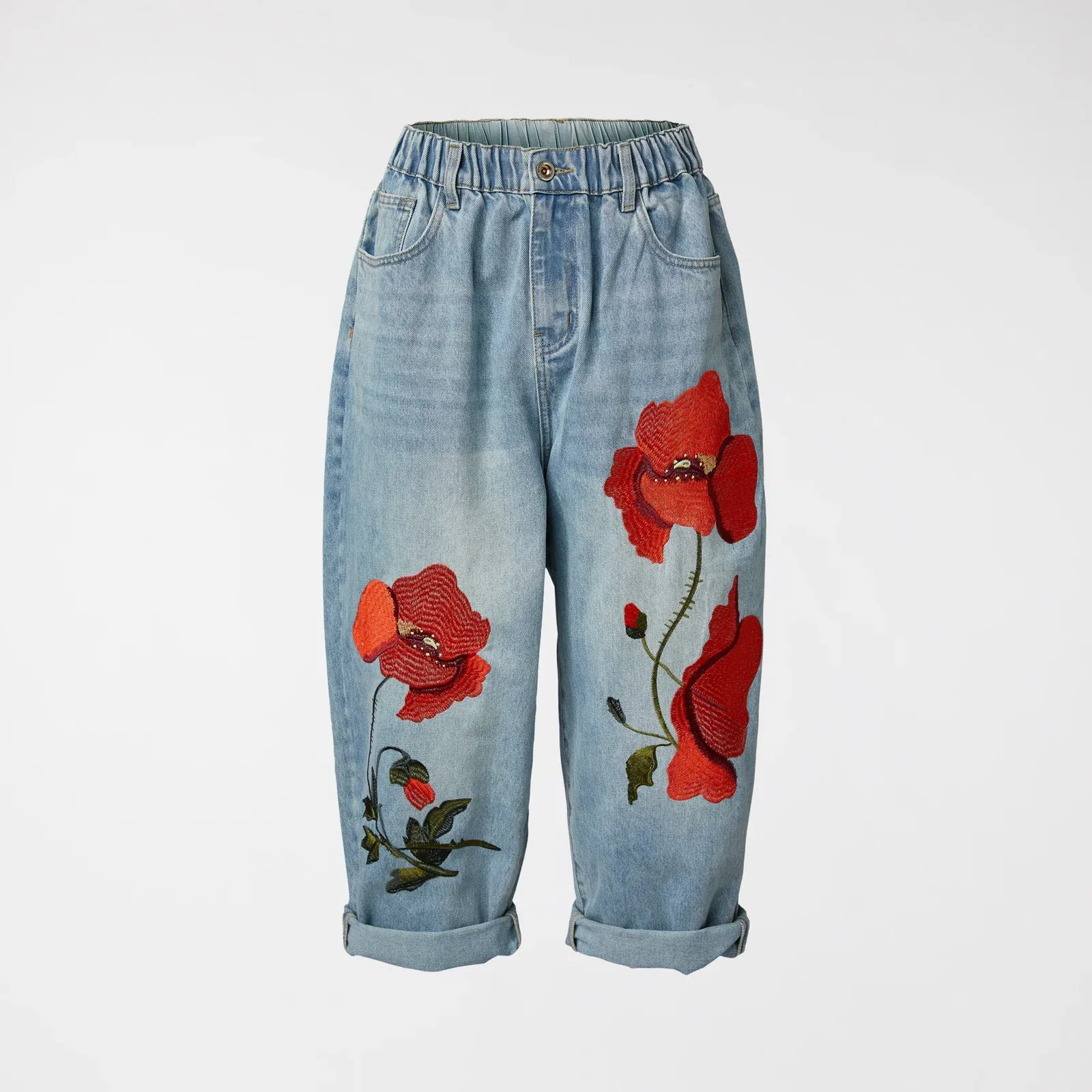 Pantaloni de Damă - Jeans Denim Brodati cu Maci Rosii 3D – Piesa Statement