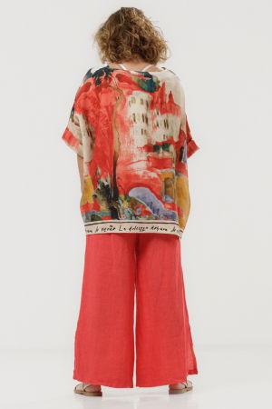 Pantaloni largi de vara din in, pentru minione, cu croi lejer, rosu corai [3]