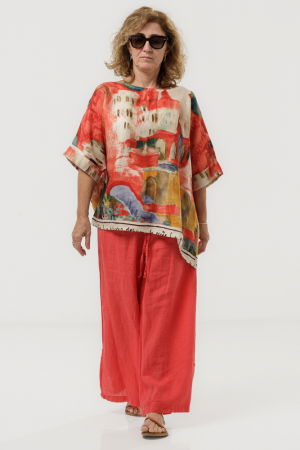 Pantaloni din In - Pantaloni largi de vara din in, pentru minione, cu croi lejer, rosu corai