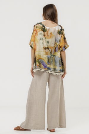 Pantaloni largi de vara, din in bej cu croi lejer si curea din sfoara [7]