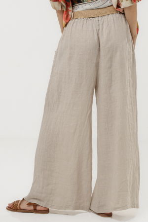 Pantaloni largi de vara, din in bej cu croi lejer si curea din sfoara [2]