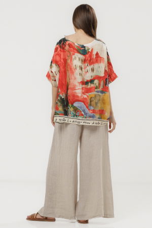 Pantaloni largi de vara, din in bej cu croi lejer si curea din sfoara [6]