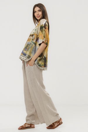 Pantaloni largi de vara, din in bej cu croi lejer si curea din sfoara [5]