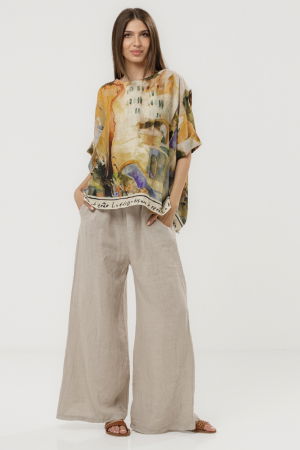 Pantaloni largi de vara, din in bej cu croi lejer si curea din sfoara [4]