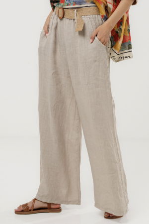 Pantaloni largi de vara, din in bej cu croi lejer si curea din sfoara [1]