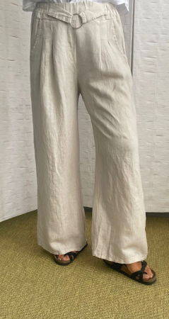 Pantaloni largi de vara din in, cu cerc metalic, bej [2]