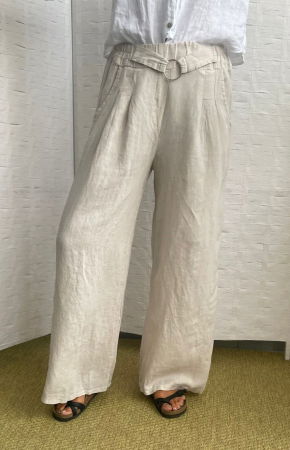 Pantaloni din In - Pantaloni largi de vara din in, cu cerc metalic, bej