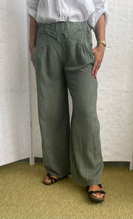 Pantaloni din In - Pantaloni largi de vara din in, cu cerc metalic, kaki