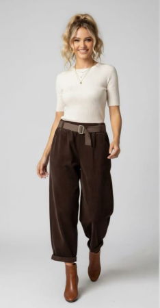 NOUTATI - Pantaloni din catifea reiata  cu dungi late, maro, cu croiala relaxata