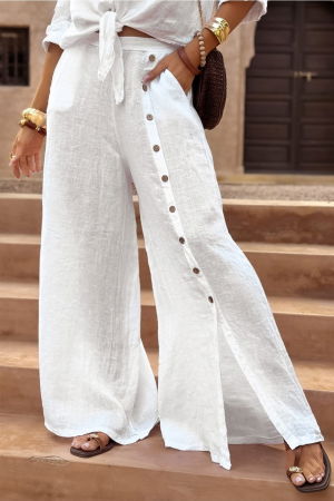 Pantaloni din In - Pantaloni largi de vara, din in, cu nasturi decorativi din lemn pe picior, albi