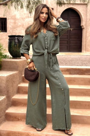 Pantaloni din In - Pantaloni largi de vara, din in, cu nasturi decorativi din lemn pe picior, kaki