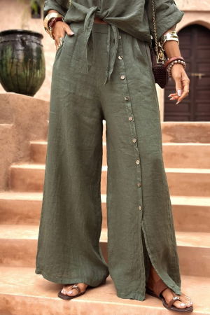 Pantaloni largi de vara, din in, cu nasturi decorativi din lemn pe picior, kaki [3]