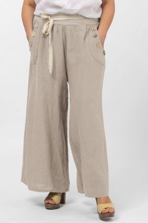 Pantaloni din In - Pantaloni largi de vara, din in, cu nasturi din lemn la buzunare, bej
