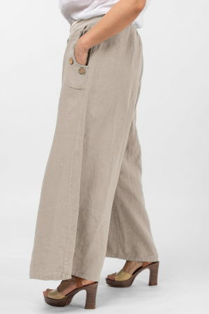 Pantaloni largi de vara, din in, cu nasturi din lemn la buzunare, bej [1]