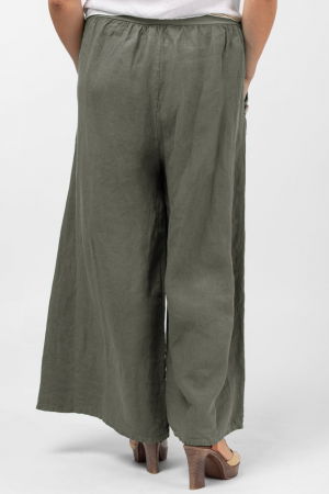 Pantaloni largi de vara, din in, cu nasturi din lemn la buzunare, kaki [2]