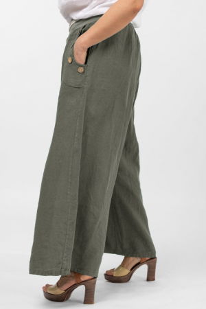Pantaloni largi de vara, din in, cu nasturi din lemn la buzunare, kaki [1]