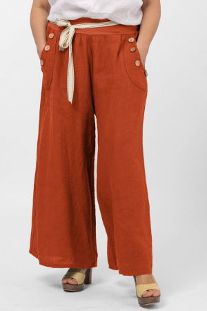 Pantaloni din In - Pantaloni largi de vara, din in, cu nasturi din lemn la buzunare, caramiziu
