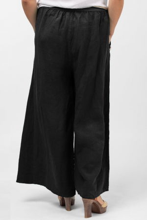 Pantaloni largi de vara, din in, cu nasturi din lemn la buzunare, negri [2]